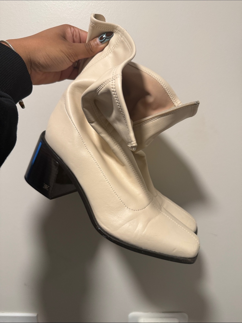 Sam Edelman Cream Leather Square-Toe Ankle Boots